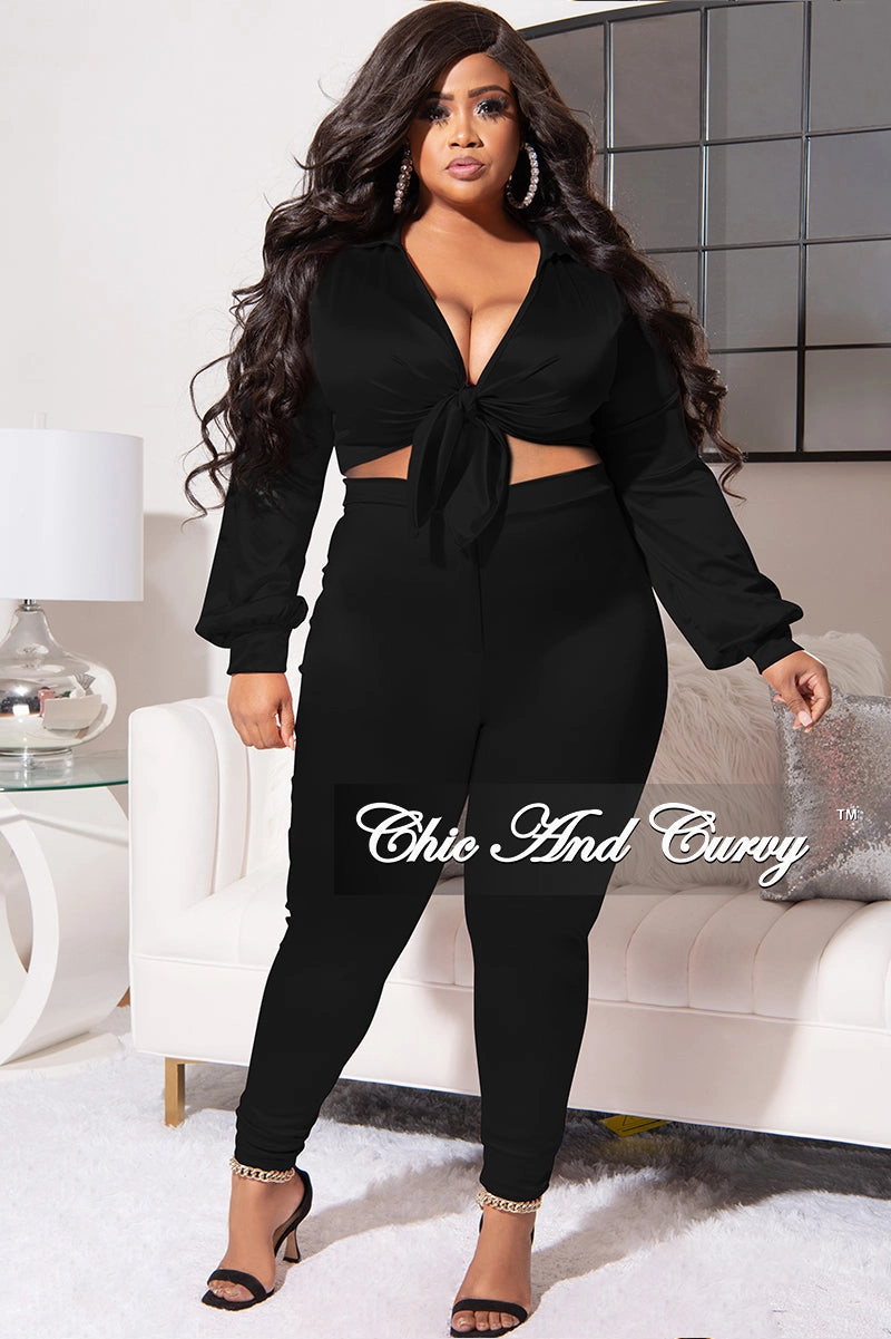 Light Shape Casual Chic Final Sale Plus Size 2pc Shiny Satin Collared Crop Tie Top and Pants Set in Black