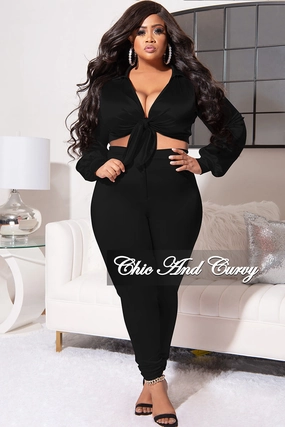 Final Sale Plus Size 2pc Shiny Satin Collared Crop Tie Top and Pants Set in Black Easy Care