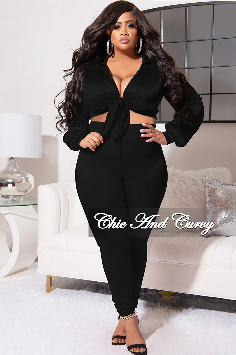 Final Sale Plus Size 2pc Shiny Satin Collared Crop Tie Top and Pants Set in Black Eco Friendly Dyeing Chilly Weather