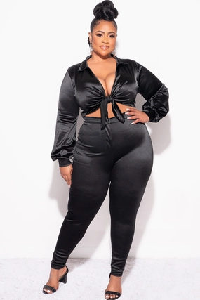 Cozy Casual Final Sale Plus Size 2pc Shiny Satin Collared Crop Tie Top and Pants Set in Black