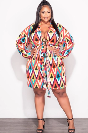 Final Sale Plus Size 2pc Short Set with Tie Crop Top in Multi-Color Triangle Print Sweat Wicking Liner