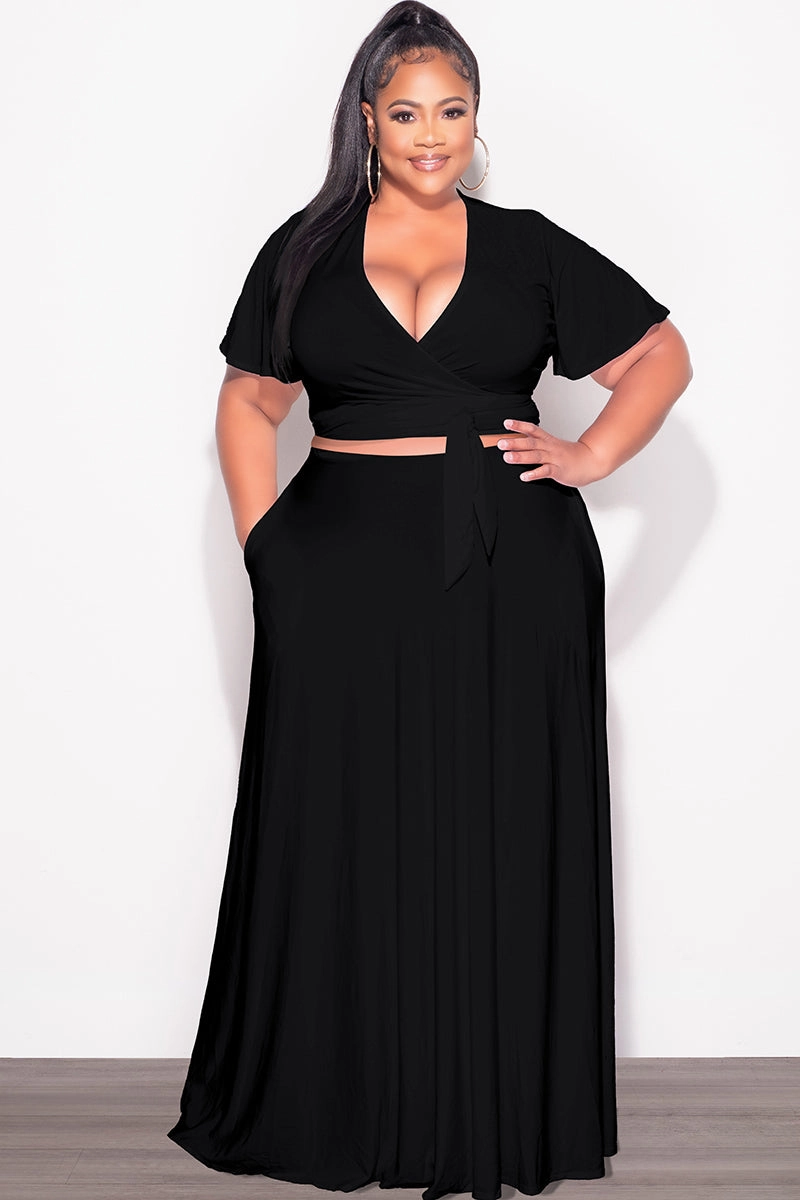 Final Sale Plus Size 2pc Short Sleeve Crop Tie Top and Skirt Set in Black Elastic Fit All Occasion