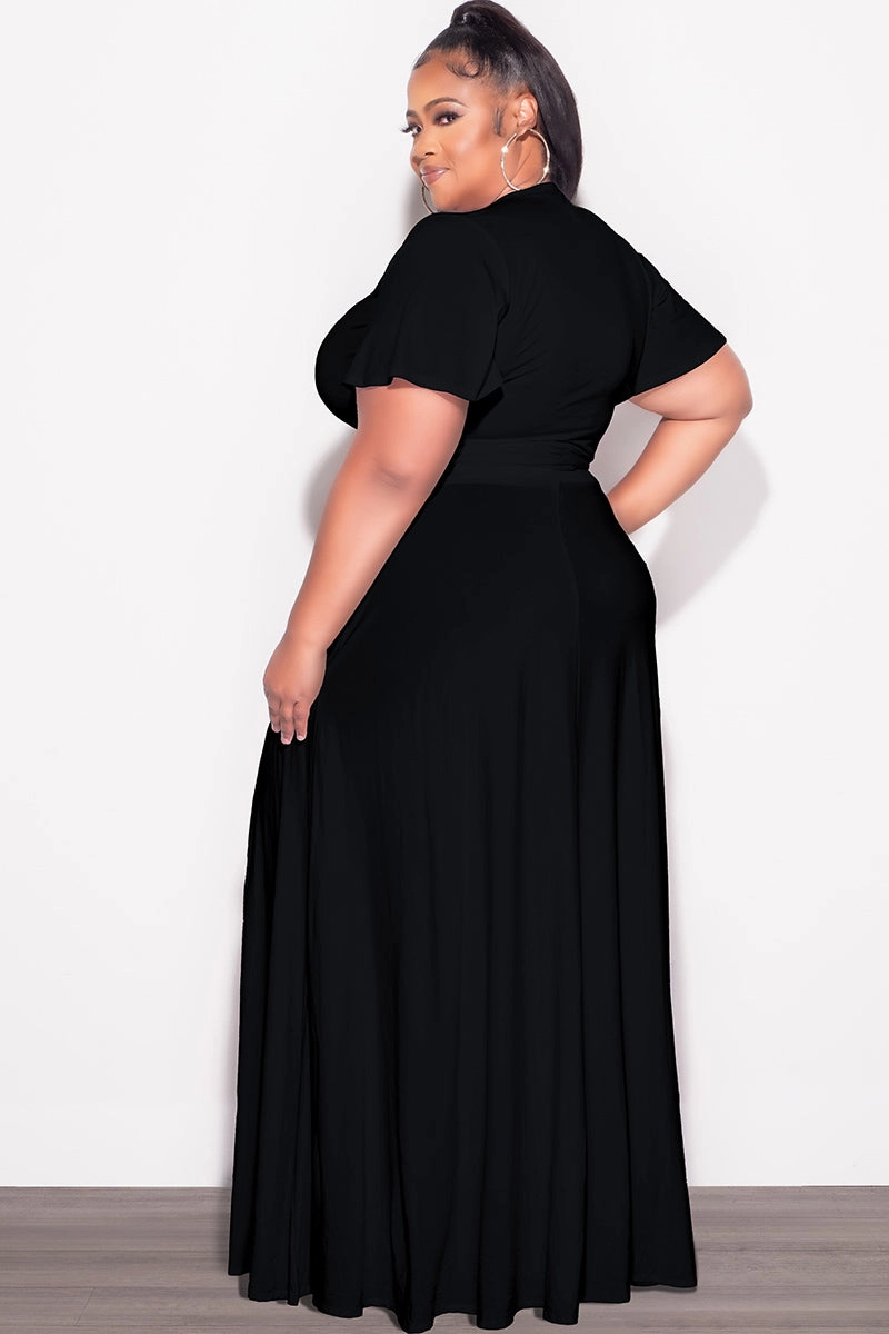 Final Sale Plus Size 2pc Short Sleeve Crop Tie Top and Skirt Set in Black Tear Resistant Weave No Ride Up Design