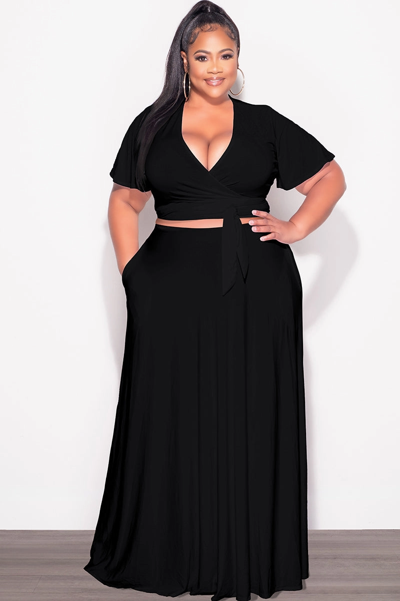 Chill Mode Final Sale Plus Size 2pc Short Sleeve Crop Tie Top and Skirt Set in Black