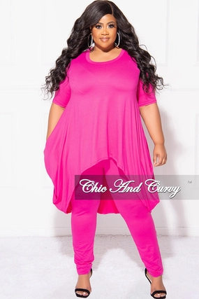 Final Sale Plus Size 2pc Short Sleeve High Low Top And Leggings Set In Magenta Fade Resistant Dye Sporty Touch