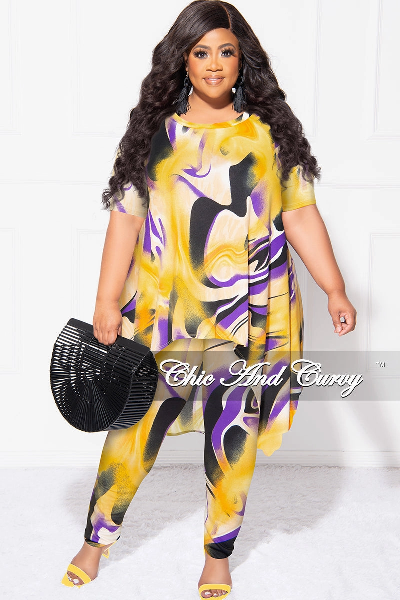 Final Sale Plus Size 2pc Short Sleeve High Low Top And Leggings Set In Yellow and Purple Trail Comfort Solid shade