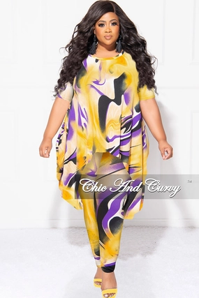 Everyday Comfort Fit Flex Wear Final Sale Plus Size 2pc Short Sleeve High Low Top And Leggings Set In Yellow and Purple