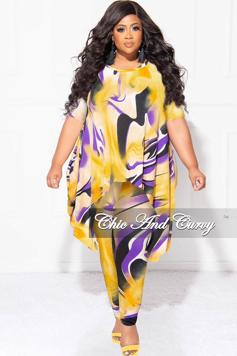 Everyday Comfort Fit Flex Wear Final Sale Plus Size 2pc Short Sleeve High Low Top And Leggings Set In Yellow and Purple