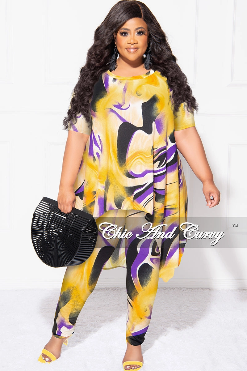 Travel-Ready Final Sale Plus Size 2pc Short Sleeve High Low Top And Leggings Set In Yellow and Purple