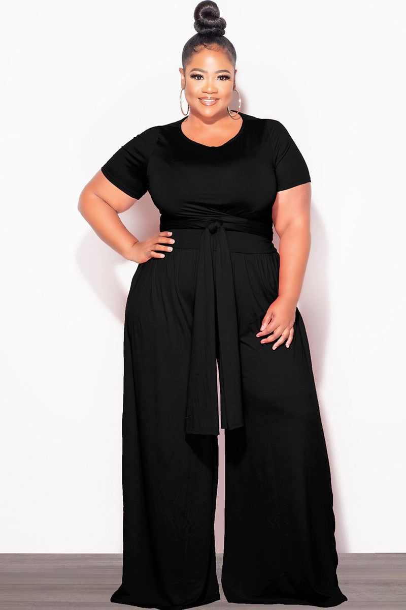 Final Sale Plus Size 2pc Short Sleeve Tie Top and Pants Set in Black Cozy Style Light Coverage