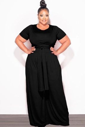 Modern Waist Final Sale Plus Size 2pc Short Sleeve Tie Top and Pants Set in Black