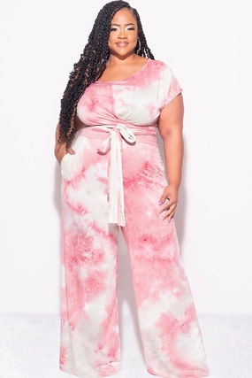 Final Sale Plus Size 2pc Short Sleeve Tie Top and Pants Set in Mauve and Grey Tie Dye Print Neutral Look StaticDissipative