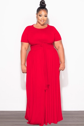 Seam-Free Final Sale Plus Size 2pc Short Sleeve Tie Top and Skirt Set in Red