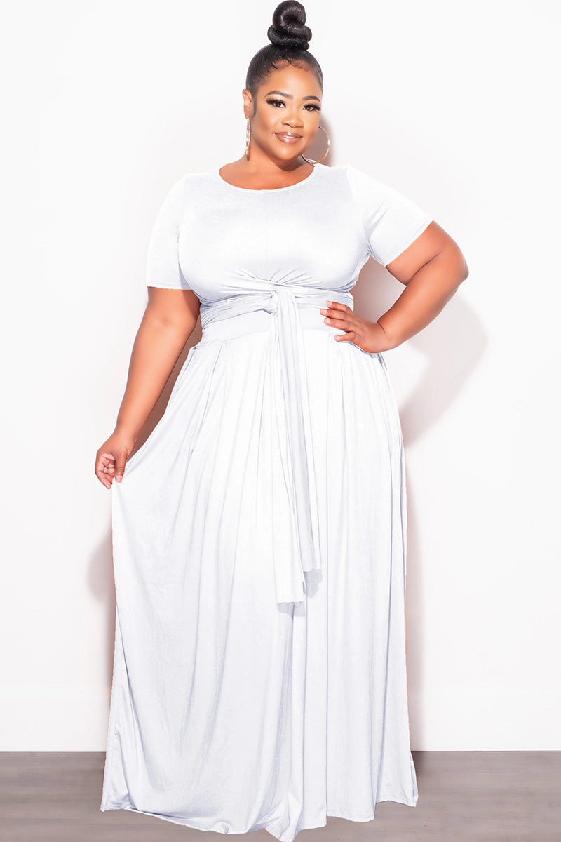 StaticResistantMaterial Final Sale Plus Size 2pc Short Sleeve Tie Top and Skirt Set in White