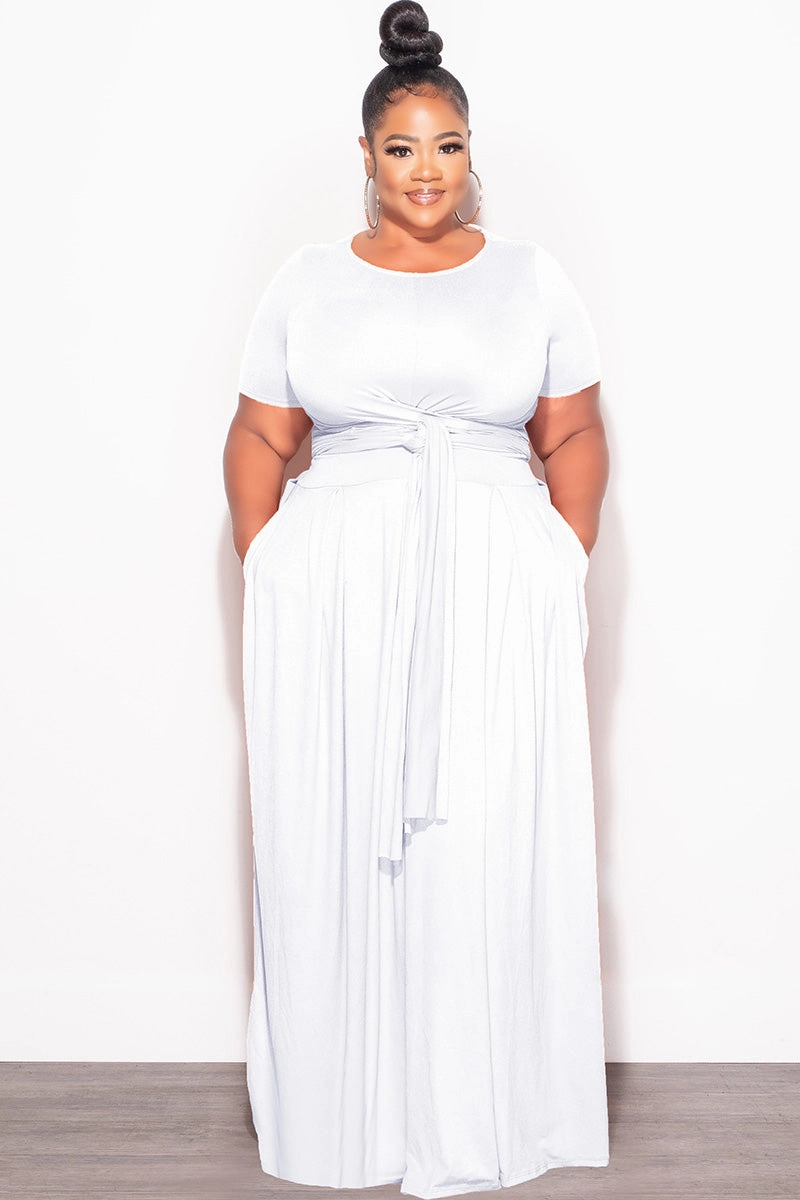 Final Sale Plus Size 2pc Short Sleeve Tie Top and Skirt Set in White Sporty Comfort Seamless Waistband