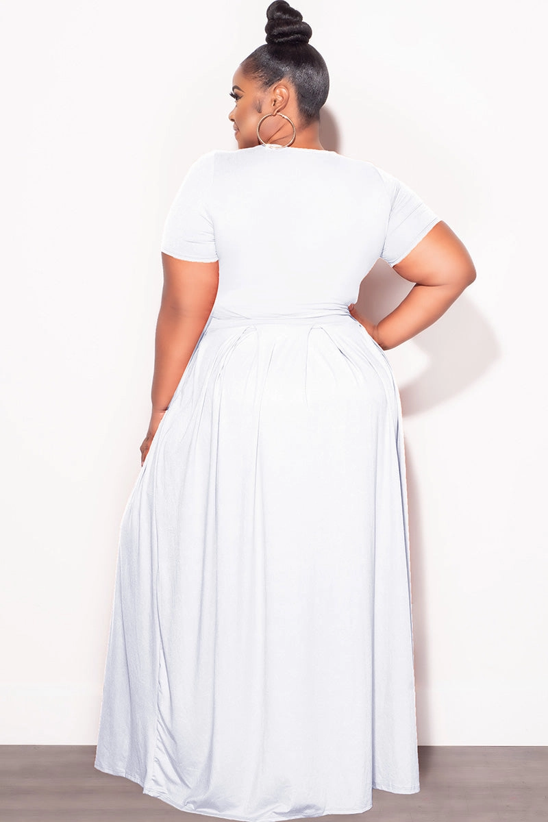 Final Sale Plus Size 2pc Short Sleeve Tie Top and Skirt Set in White Minimal Design