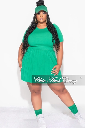 Final Sale Plus Size 2pc Short Sleeve Top and Pleated Skirt Set in Green Chic Design Wear Cozy Design