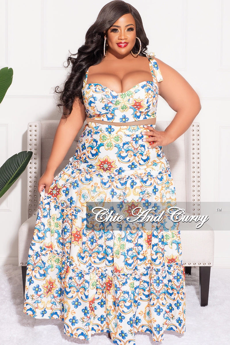 Final Sale Plus Size 2pc Skirt Set with Sleeveless Crop Top in White and Royal Blue Multi Color Breath Fit