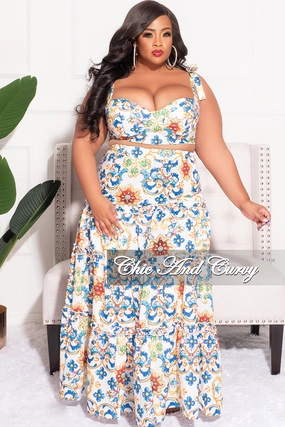 Minimalist Waist Performance Support Final Sale Plus Size 2pc Skirt Set with Sleeveless Crop Top in White and Royal Blue Multi Color