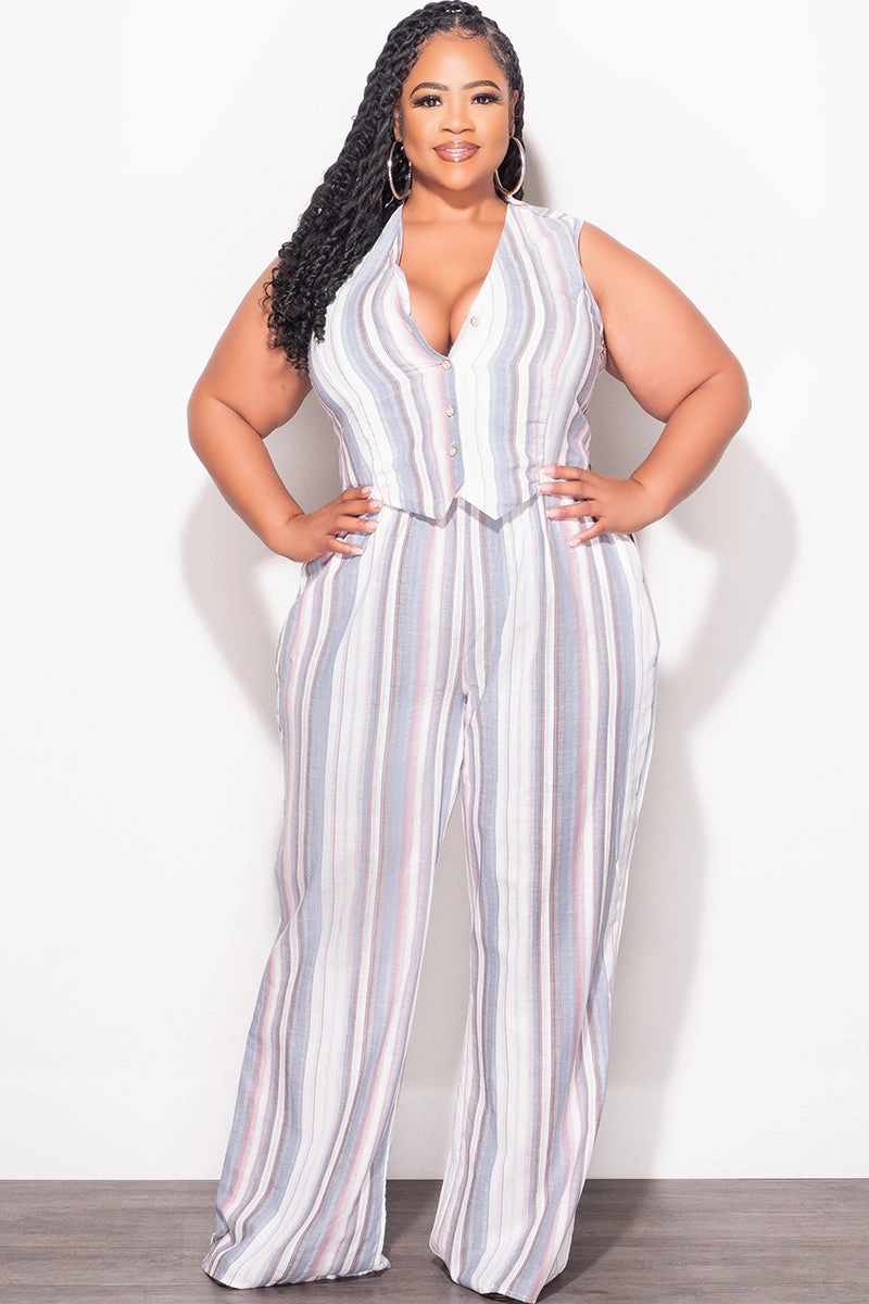 Final Sale Plus Size 2pc Sleeveless Blazer Vest and Pants Linen Set in Cream, Blue & Mauve Stripes QuickReleaseFastenings Compact Fit