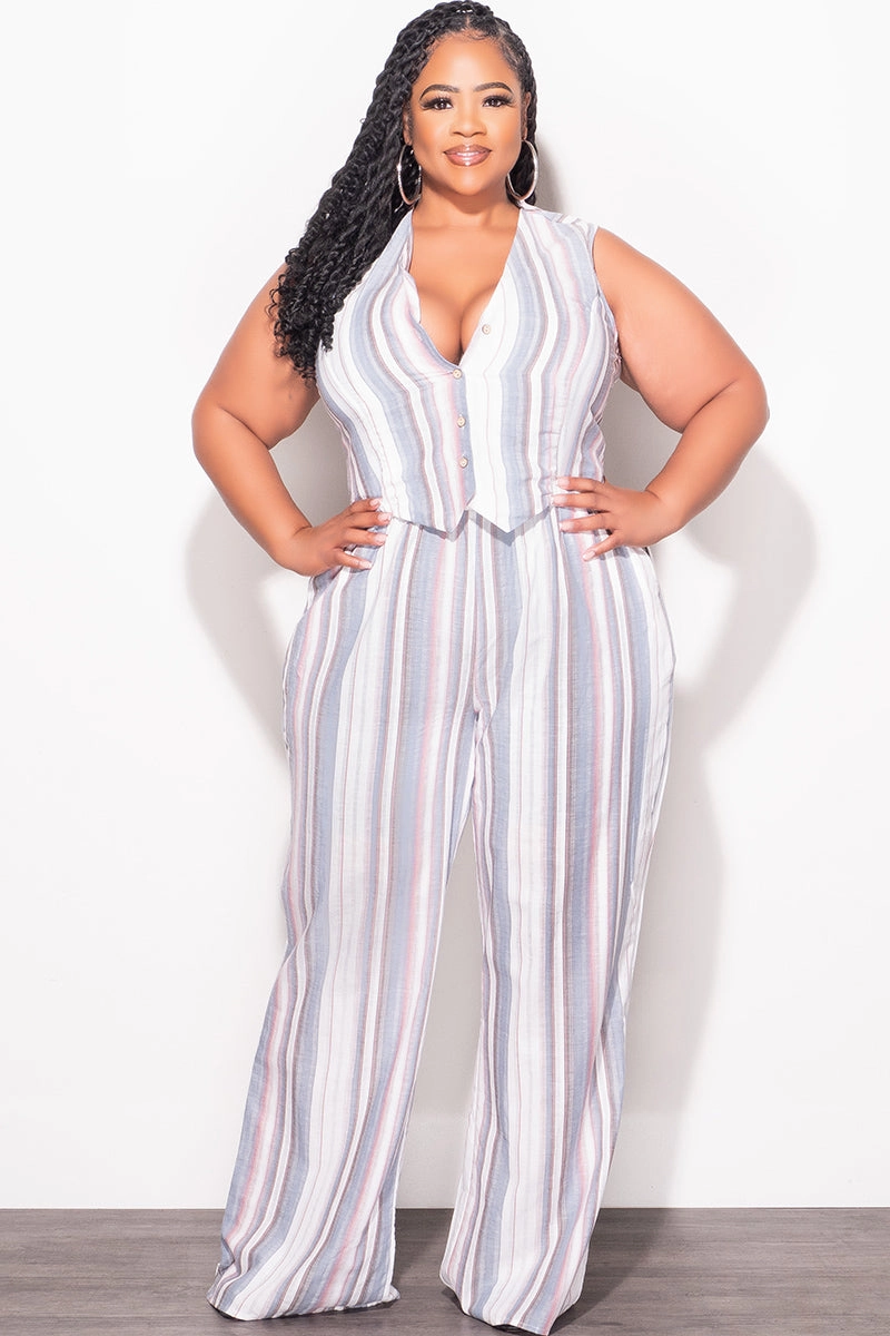 Final Sale Plus Size 2pc Sleeveless Blazer Vest and Pants Linen Set in Cream, Blue & Mauve Stripes TaglessLabel Perfect Fit Wear
