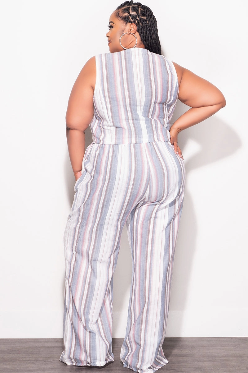 Quick Access Zippers Barrel Waist Final Sale Plus Size 2pc Sleeveless Blazer Vest and Pants Linen Set in Cream, Blue & Mauve Stripes