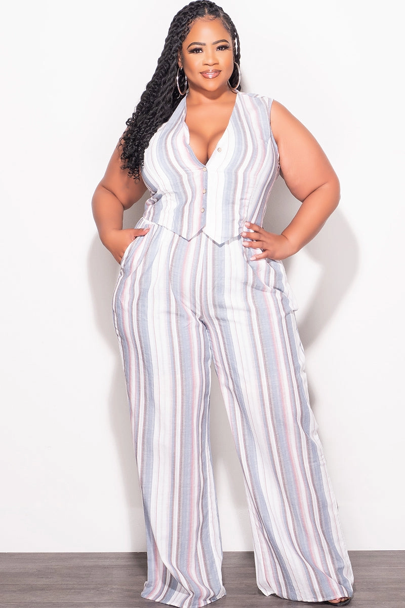 Final Sale Plus Size 2pc Sleeveless Blazer Vest and Pants Linen Set in Cream, Blue & Mauve Stripes Performance Gear