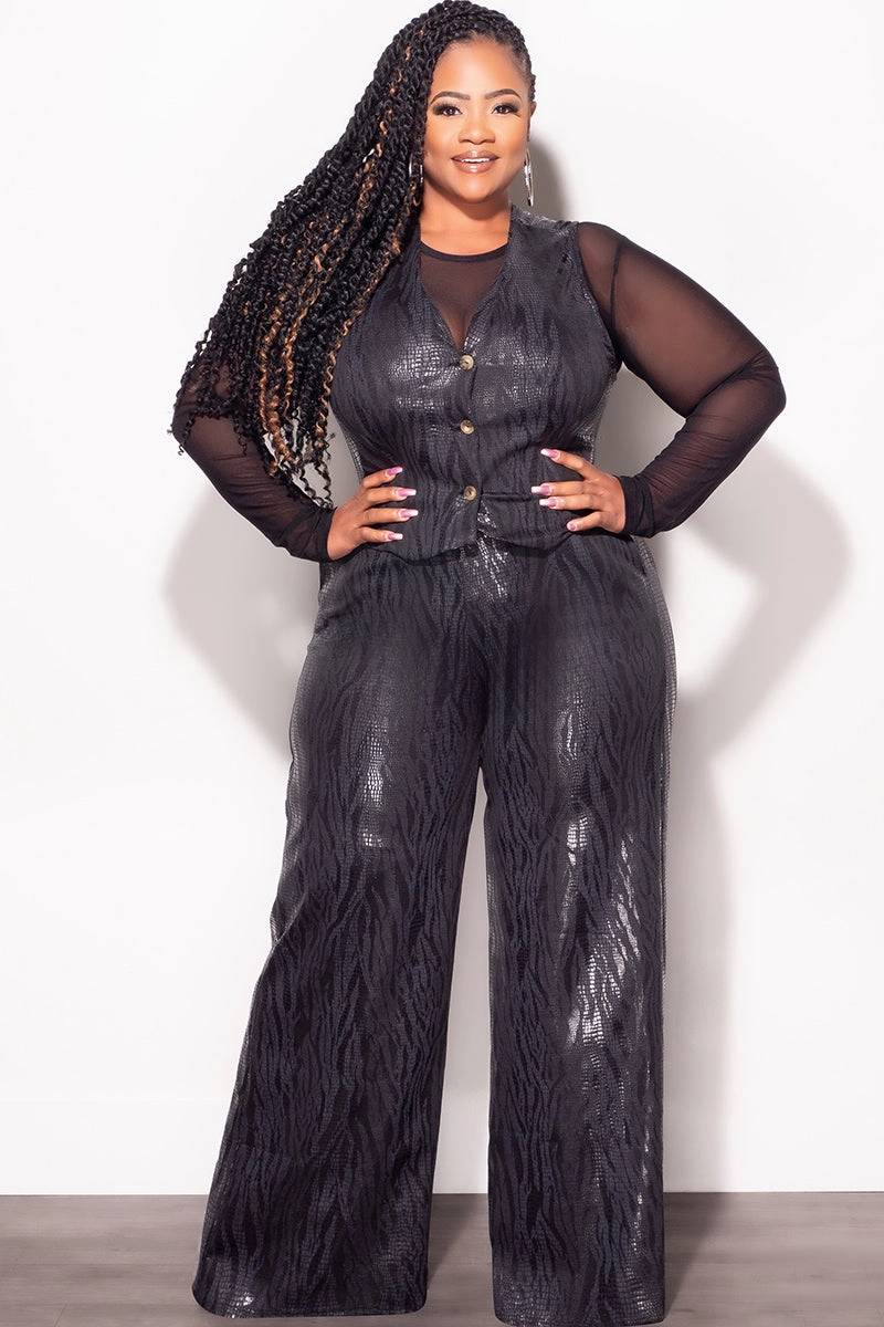 Final Sale Plus Size 2pc Sleeveless Blazer Vest and Pants Set in Black Snake Print TearResistantPanels Dynamic Fit
