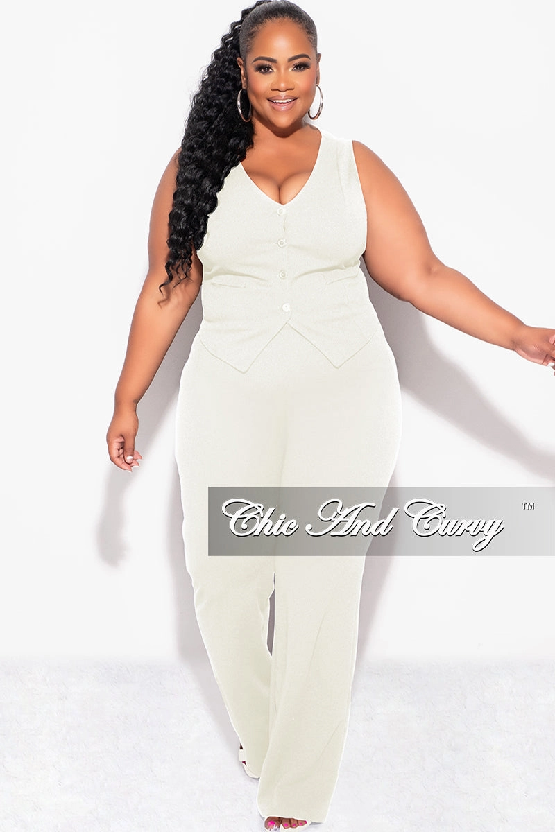 Final Sale Plus Size 2pc Sleeveless Blazer Vest and Pants Set in Ivory All-day Comfort Stain Release Finish