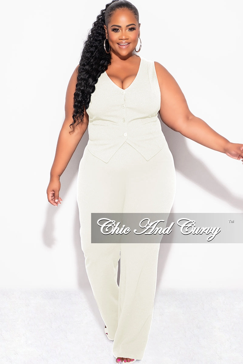 Final Sale Plus Size 2pc Sleeveless Blazer Vest and Pants Set in Ivory Perfectly Relaxed