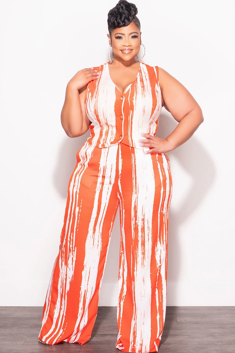 Core Ease Stretchable Comfort Final Sale Plus Size 2pc Sleeveless Blazer Vest and Pants Set in Orange and White