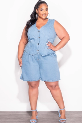Final Sale Plus Size 2pc Sleeveless Blazer Vest Short Set in Denim Perfect Comfort AdjustableDrawstring