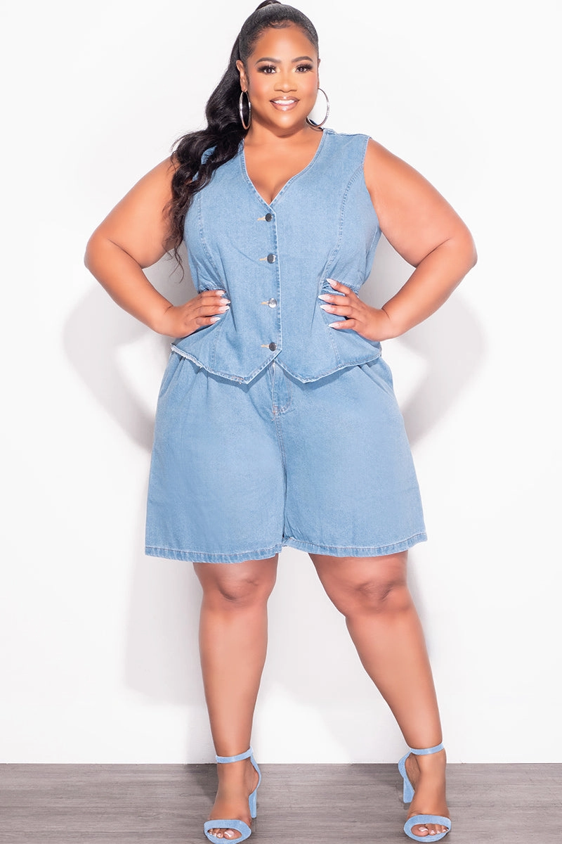 Back pockets Final Sale Plus Size 2pc Sleeveless Blazer Vest Short Set in Denim