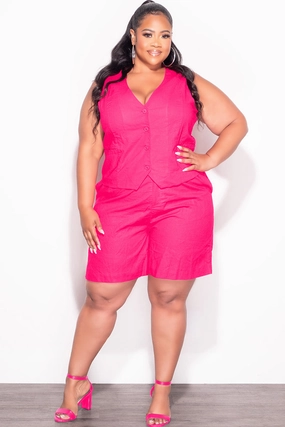 Final Sale Plus Size 2pc Sleeveless Linen Blazer Vest Short Set in Fuchsia Pink Active Utility