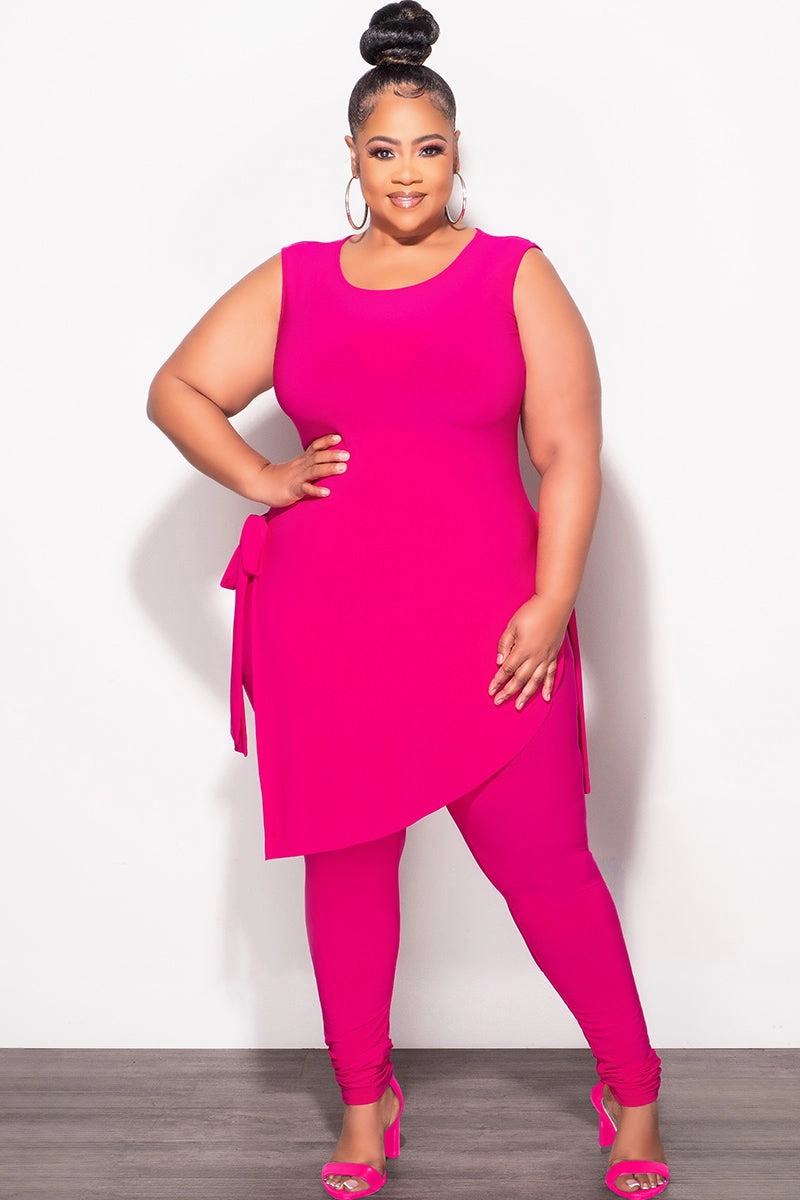 Fashion-Forward Street Ready Final Sale Plus Size 2pc Sleeveless Top and Pants Set in Fuchsia