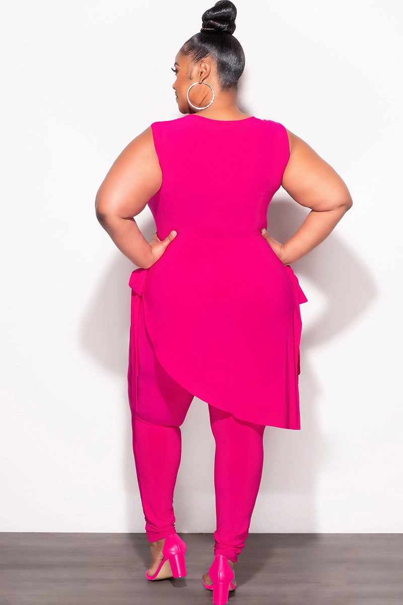 Work Ready Practical Style Final Sale Plus Size 2pc Sleeveless Top and Pants Set in Fuchsia