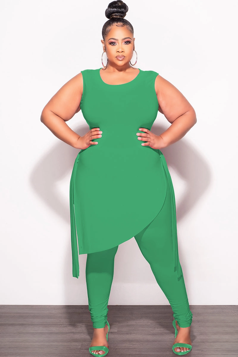 EcoFriendlyMaterials Perfect Stretch Final Sale Plus Size 2pc Sleeveless Top and Pants Set in Green