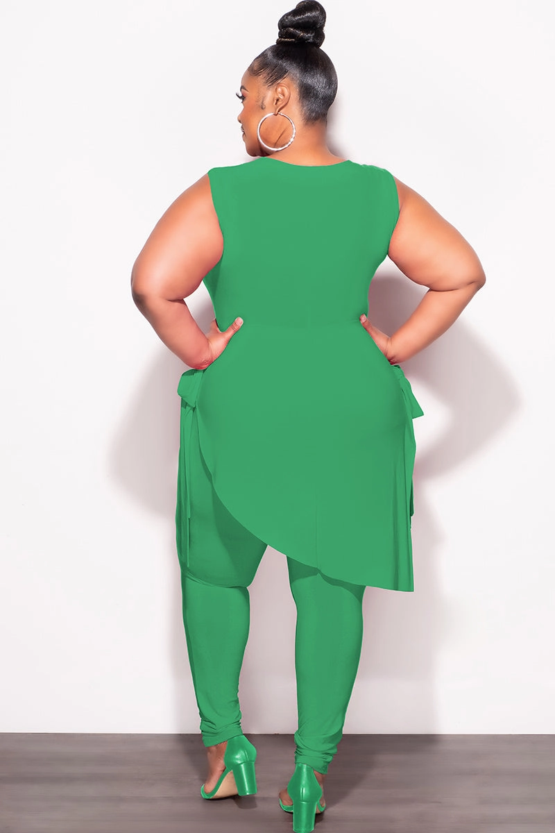Final Sale Plus Size 2pc Sleeveless Top and Pants Set in Green MultiPocket Flexible Fabric