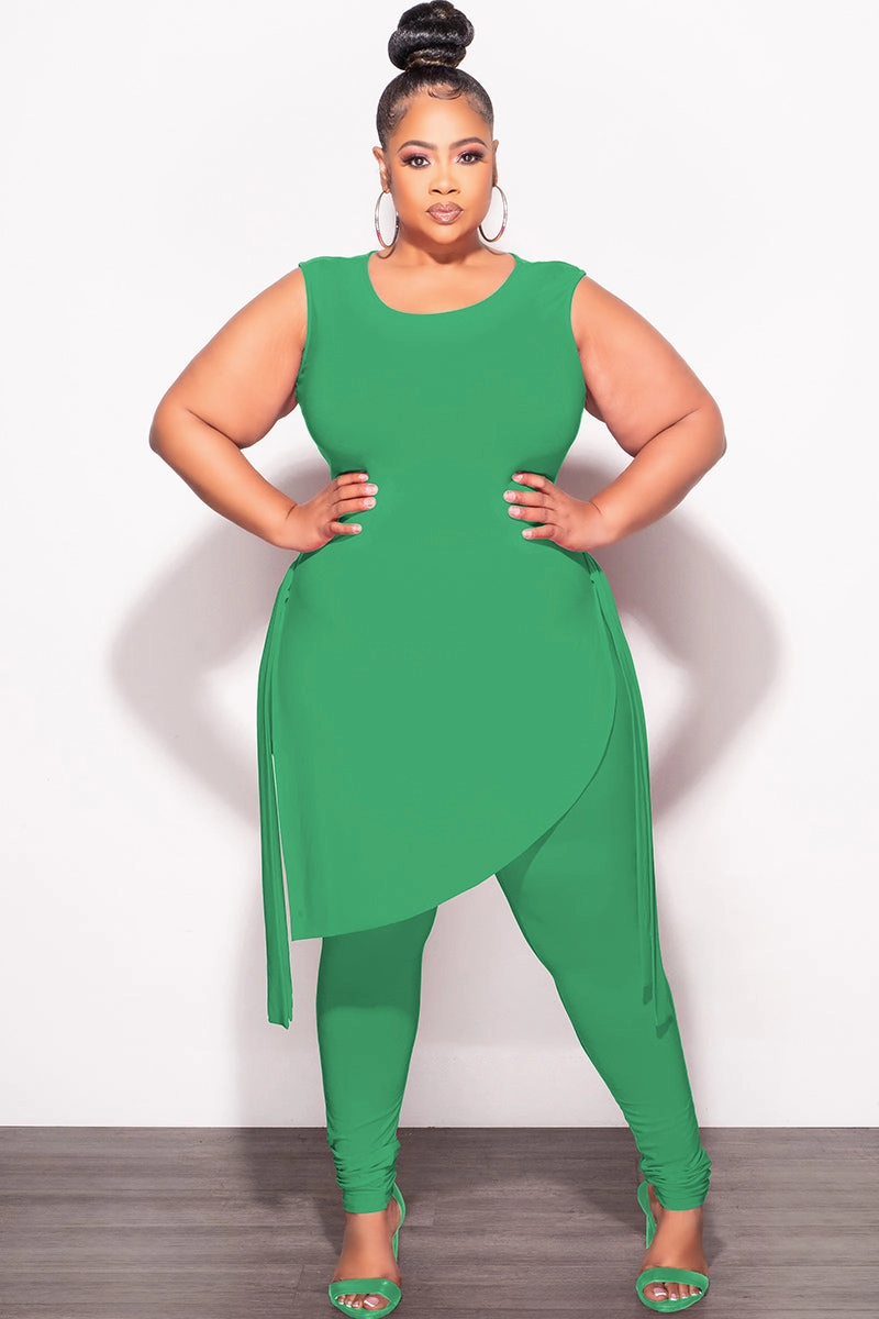 Comfort Waist Breathable Wear Fit Final Sale Plus Size 2pc Sleeveless Top and Pants Set in Green