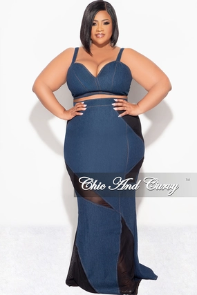 Performance Gear Modern Design Final Sale Plus Size 2pc Spaghetti Strap Crop Top and Sheer Maxi Skirt Set in Denim and Black