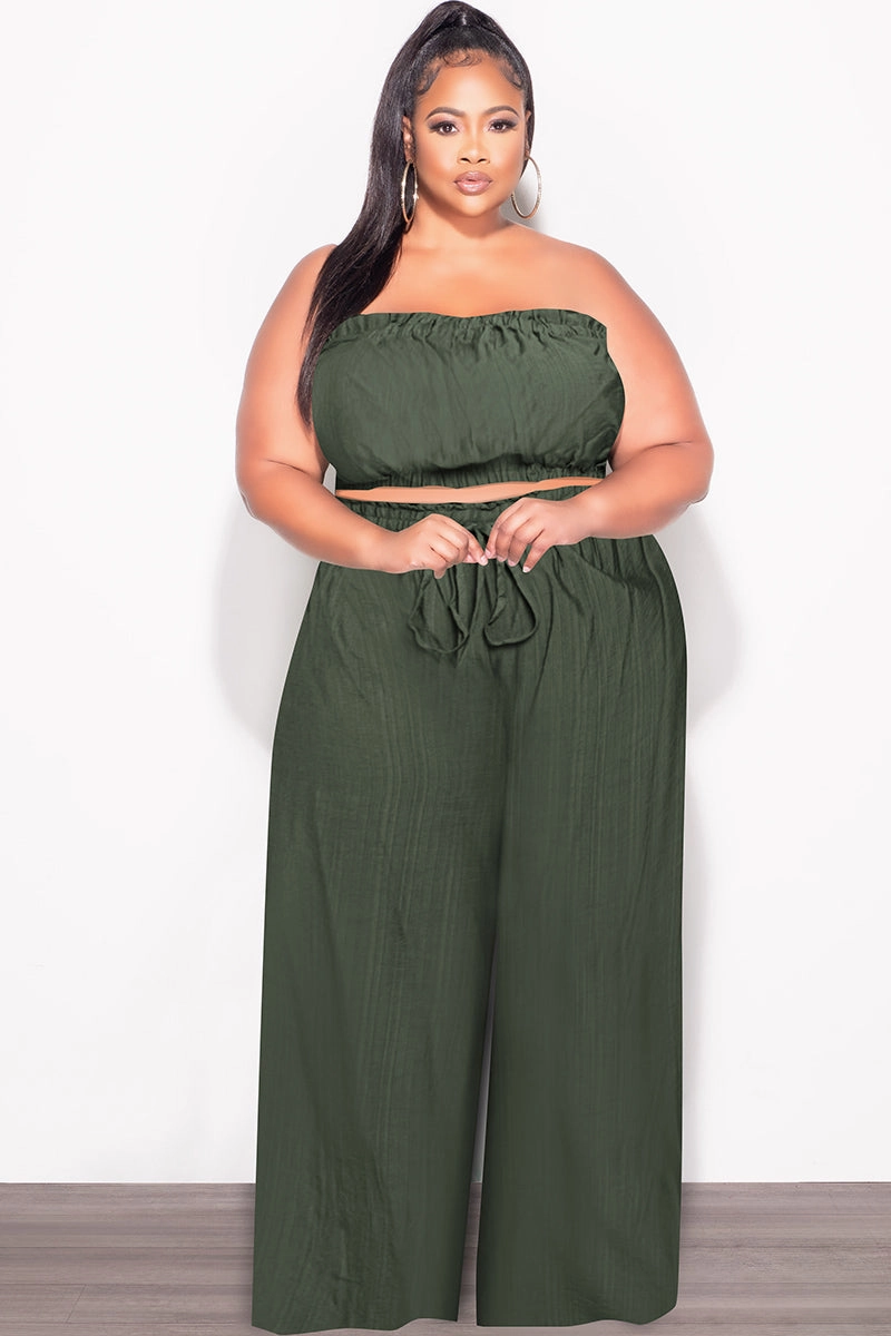BreathableMeshLining Customizable length Final Sale Plus Size 2pc Strapless Crop Top and Flare Pants Set In Dark Green
