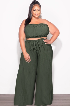 Final Sale Plus Size 2pc Strapless Crop Top and Flare Pants Set In Dark Green Stylish Look Slim wear