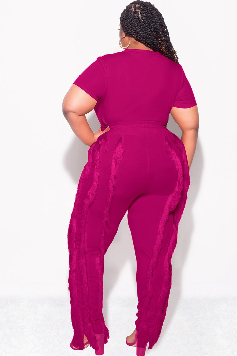 Cozy Stretch Fit Timeless Style Final Sale Plus Size 2pc Tassel Pant Set in Berry