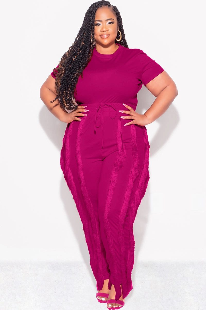 Tough Materials Final Sale Plus Size 2pc Tassel Pant Set in Berry