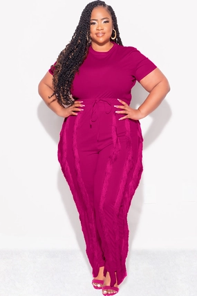 Tough Materials Final Sale Plus Size 2pc Tassel Pant Set in Berry