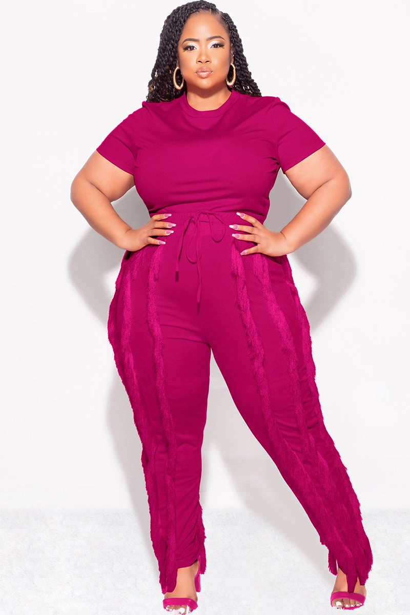 Final Sale Plus Size 2pc Tassel Pant Set in Berry Practical Comfort