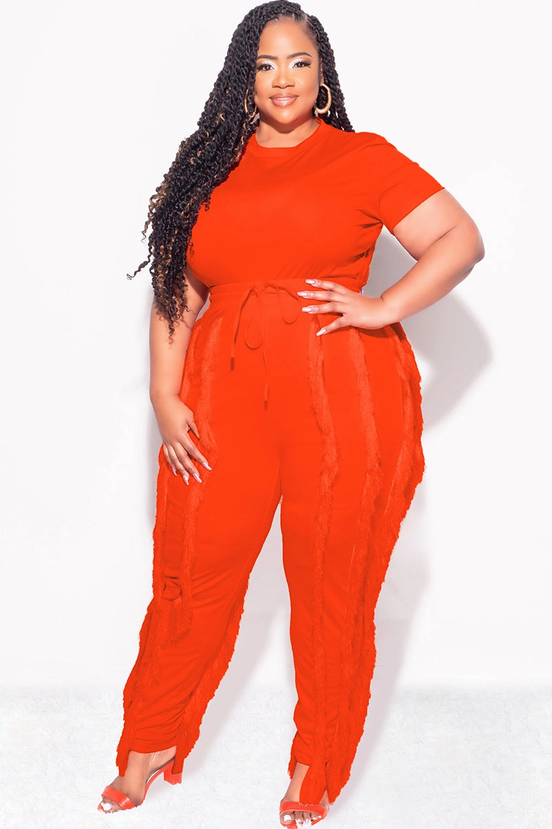 Final Sale Plus Size 2pc Tassel Pant Set in Orange Perfect Shape Non slip grip