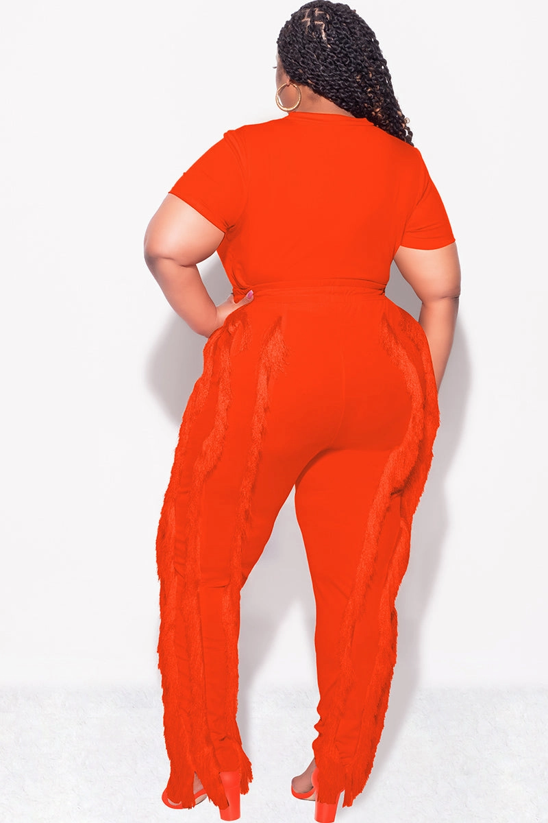 Soft Touch Material Breathable Stretch Final Sale Plus Size 2pc Tassel Pant Set in Orange