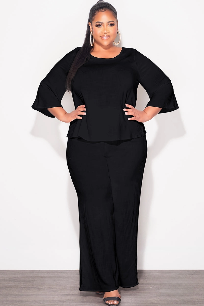 Warm Fit Final Sale Plus Size 2pc Top and Pants Set in Black Linen