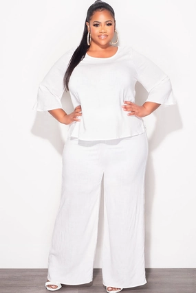 Flexible Seam Final Sale Plus Size 2pc Top and Pants Set in Off White Linen